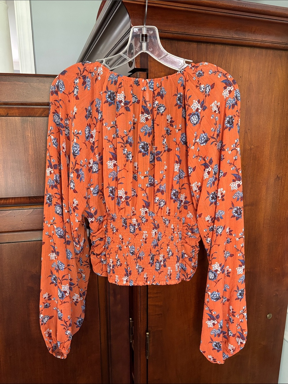 Free People Boho Ruched Front Smocked Back Long Sleeve Blouse, Rust Floral - Picture 7 of 11